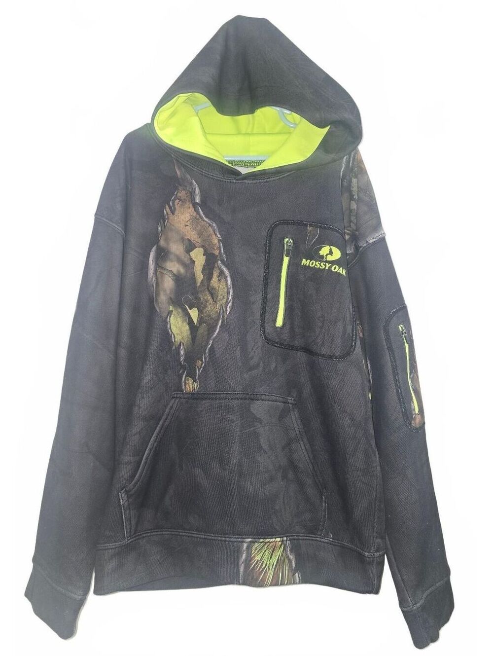 Mossy Oak Youth Hoodie with Neon Green Lining and Zippered Pockets